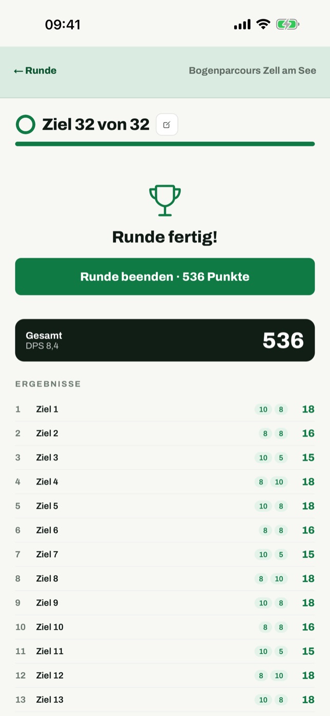 Zähl-Bildschirm am Ende der Runde: Runde fertig mit Gesamtpunkten und der Liste der Ziele