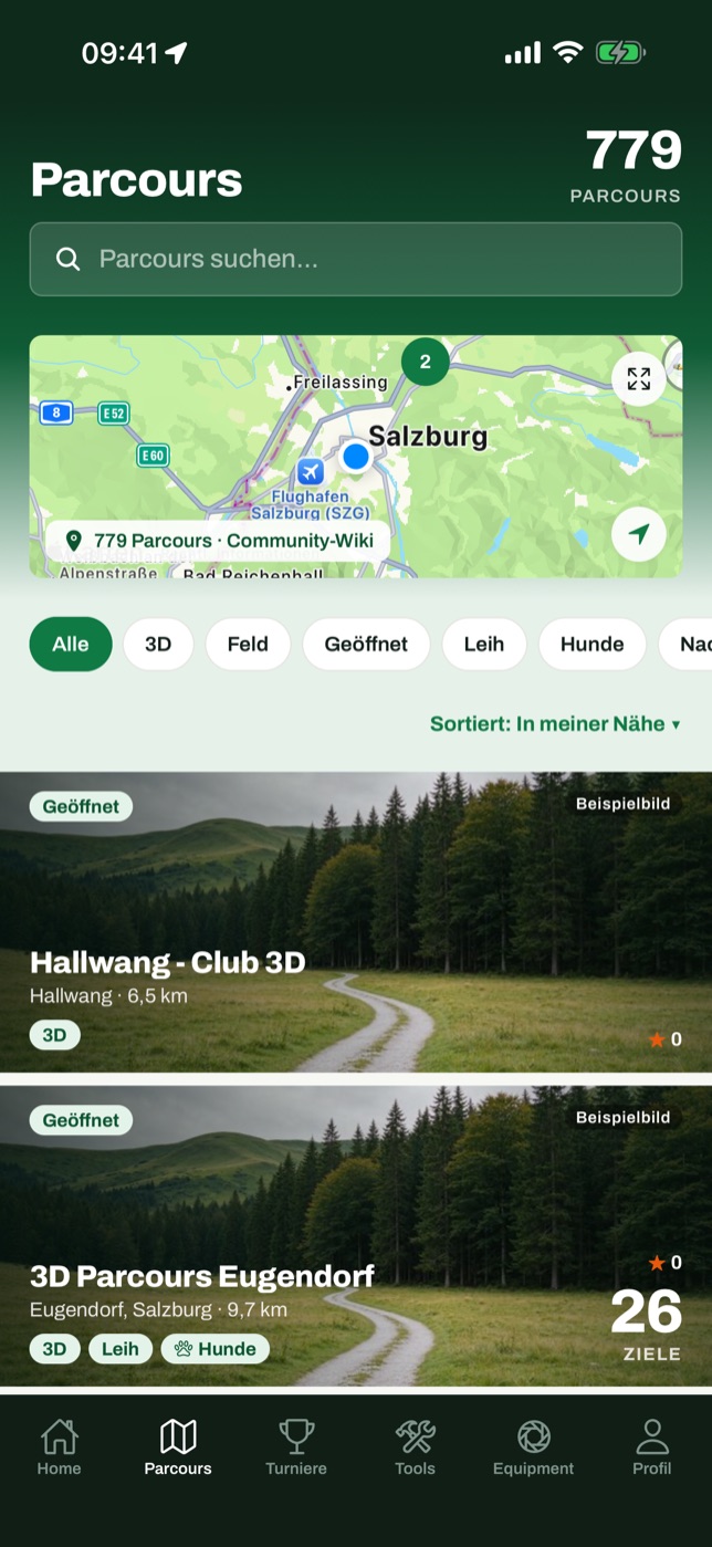 Parcours-Liste in der App mit Filtern