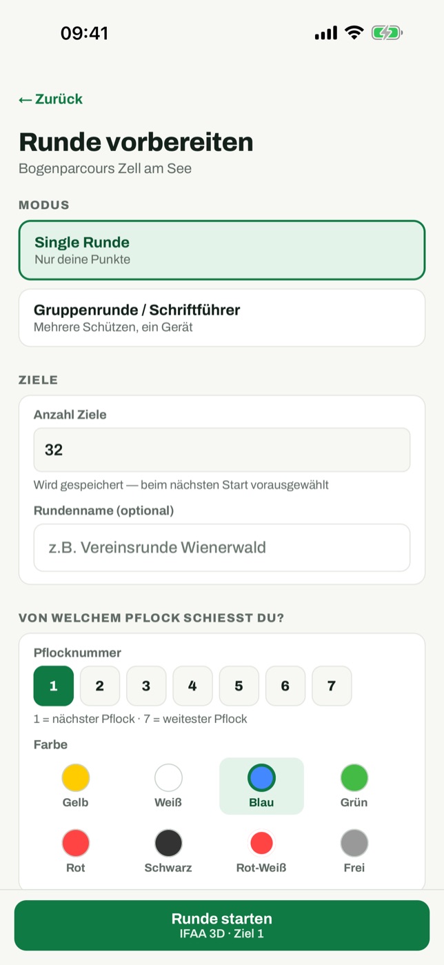Bildschirm Runde vorbereiten mit Modus, Anzahl Ziele und Pflock