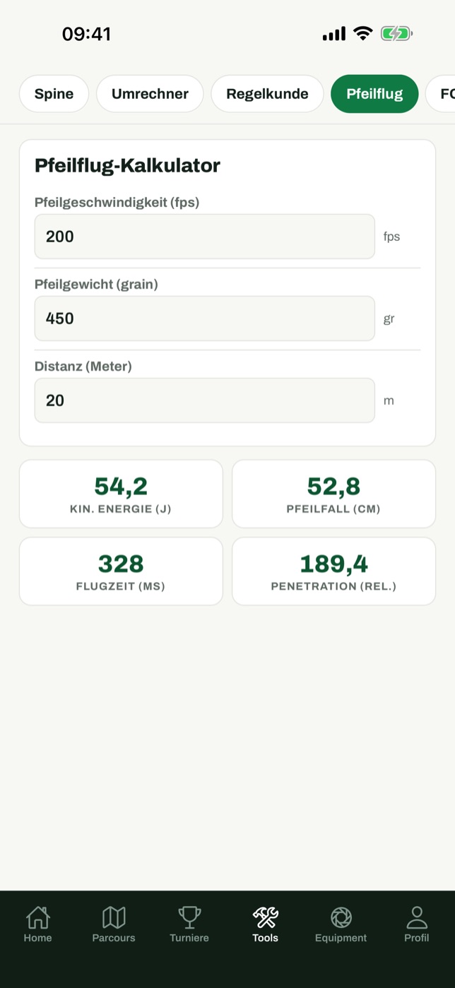 Werkzeug Pfeilflug-Rechner in der App mit vier Ergebnis-Kacheln