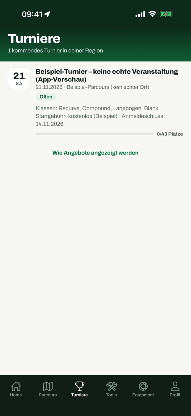 Turniere-Reiter der App mit einem Beispiel-Turnier