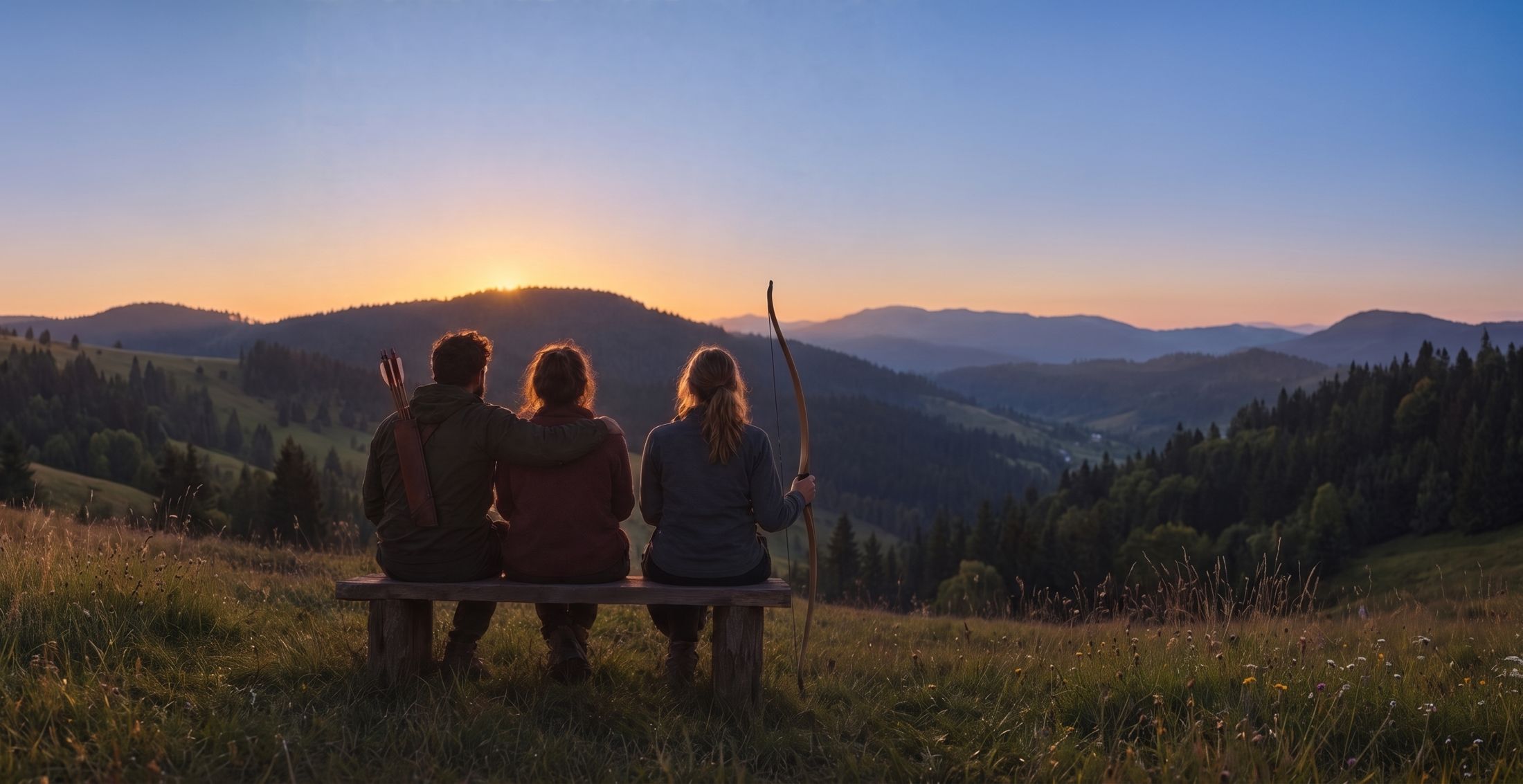 Drei Bogenschützen sitzen am Abend auf einer Holzbank und schauen über bewaldete Hügel, eine hält einen Langbogen