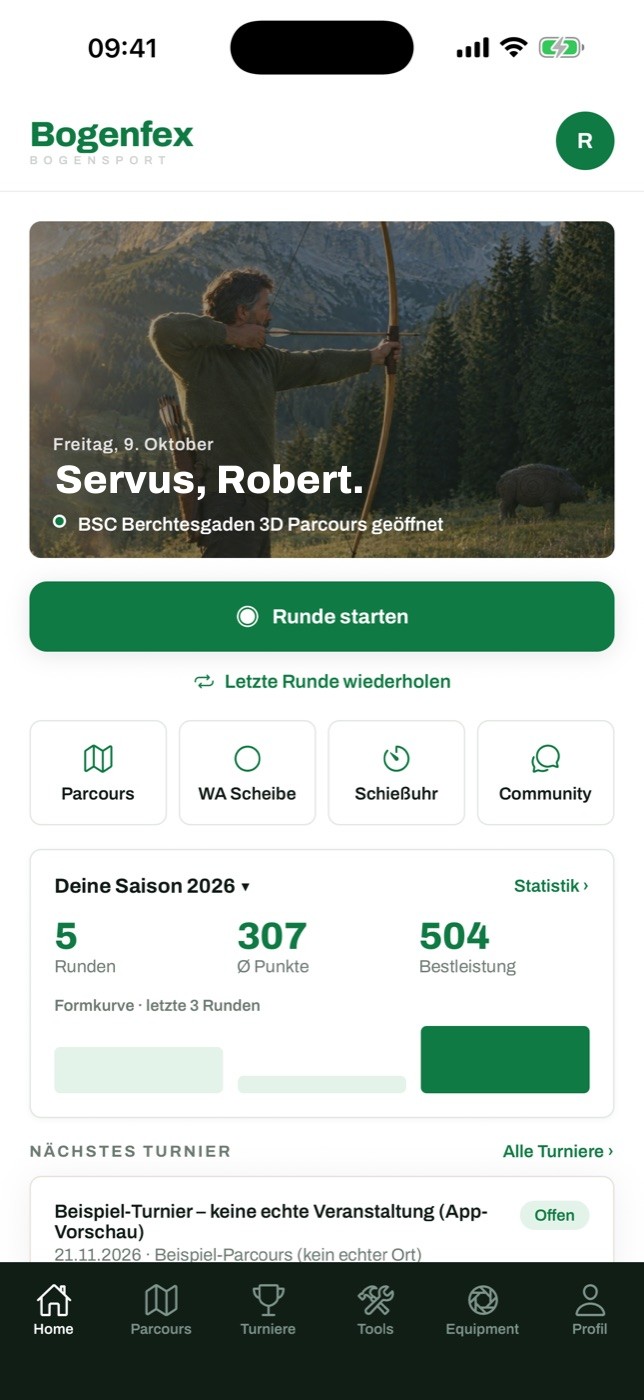 Startseite der App mit Knopf Runde starten