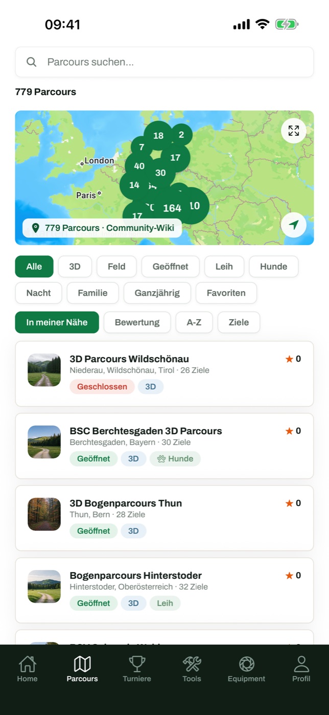 Parcours-Liste in der App mit Filtern