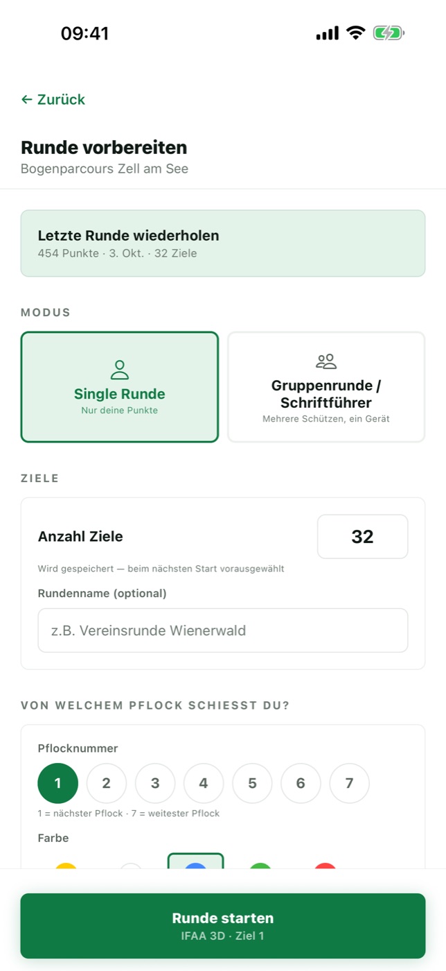 Bildschirm Runde vorbereiten mit Modus, Anzahl Ziele und Pflock