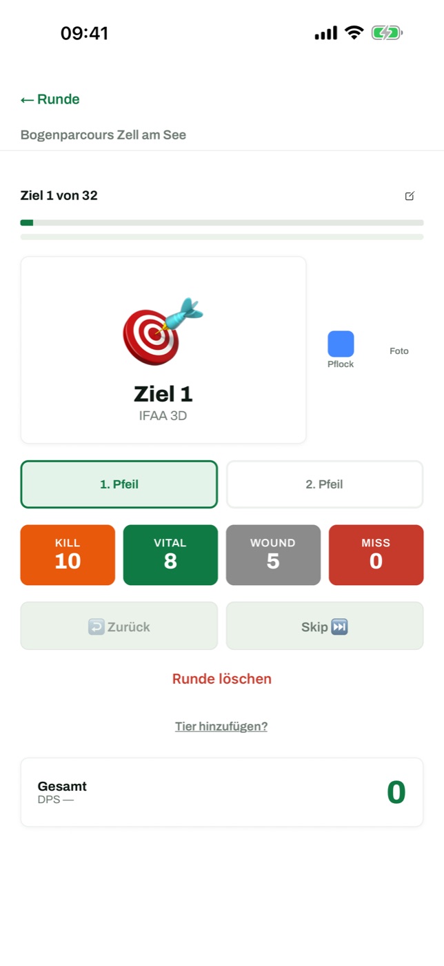 Zähl-Bildschirm mit Tasten Kill, Vital, Wound, Miss